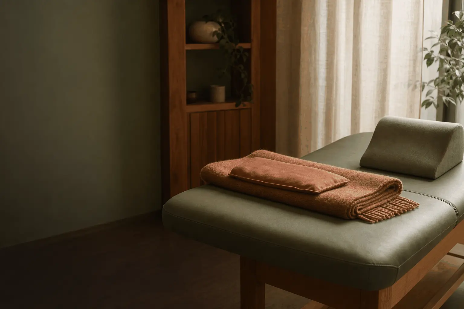 Treatment table with a folded blanket and warm compress in a calm therapy room
