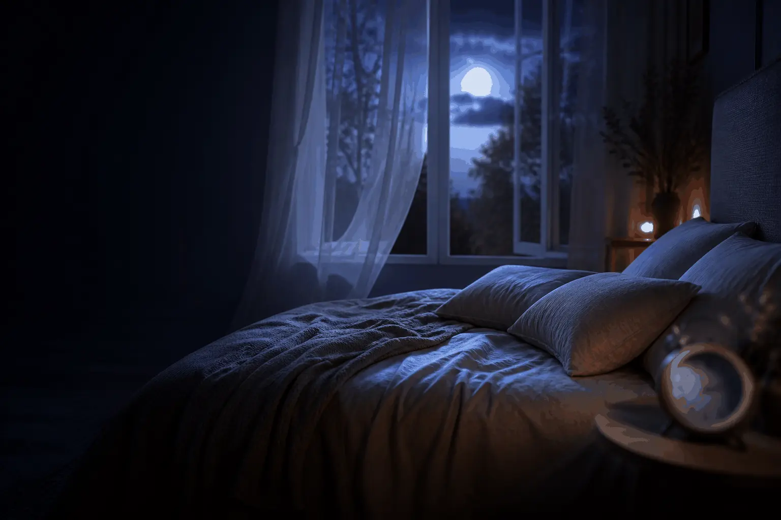 Moonlit bedroom at night with an empty bed and an alarm clock on the nightstand