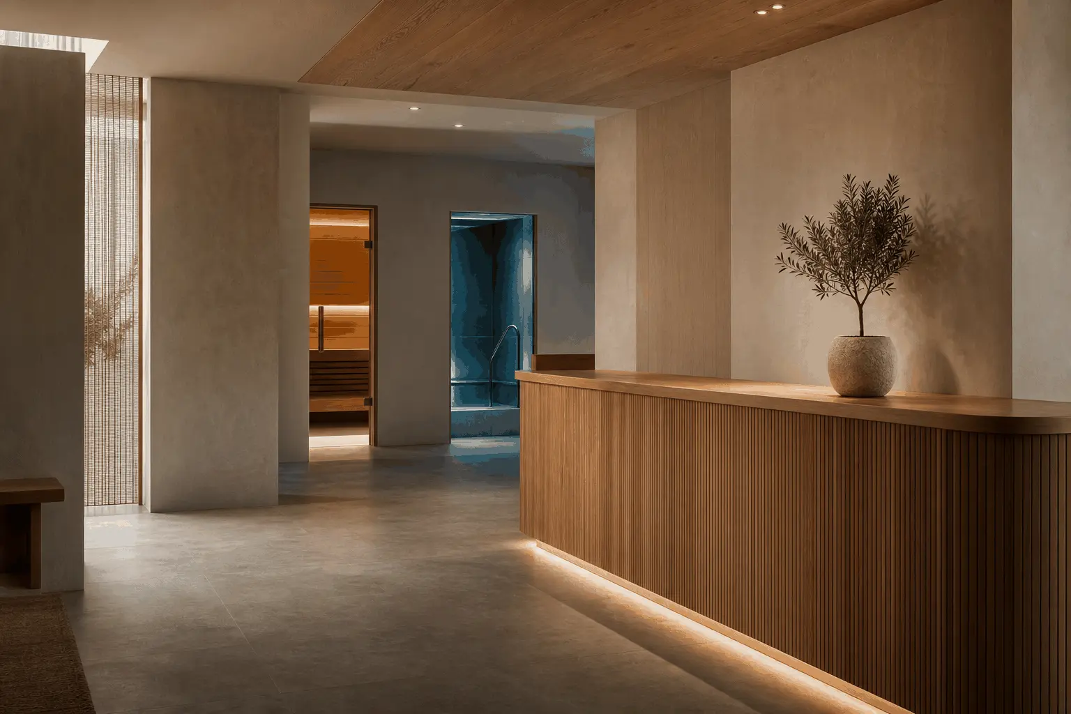 Recovery studio corridor with a sauna door and cold plunge room beyond a wood reception desk