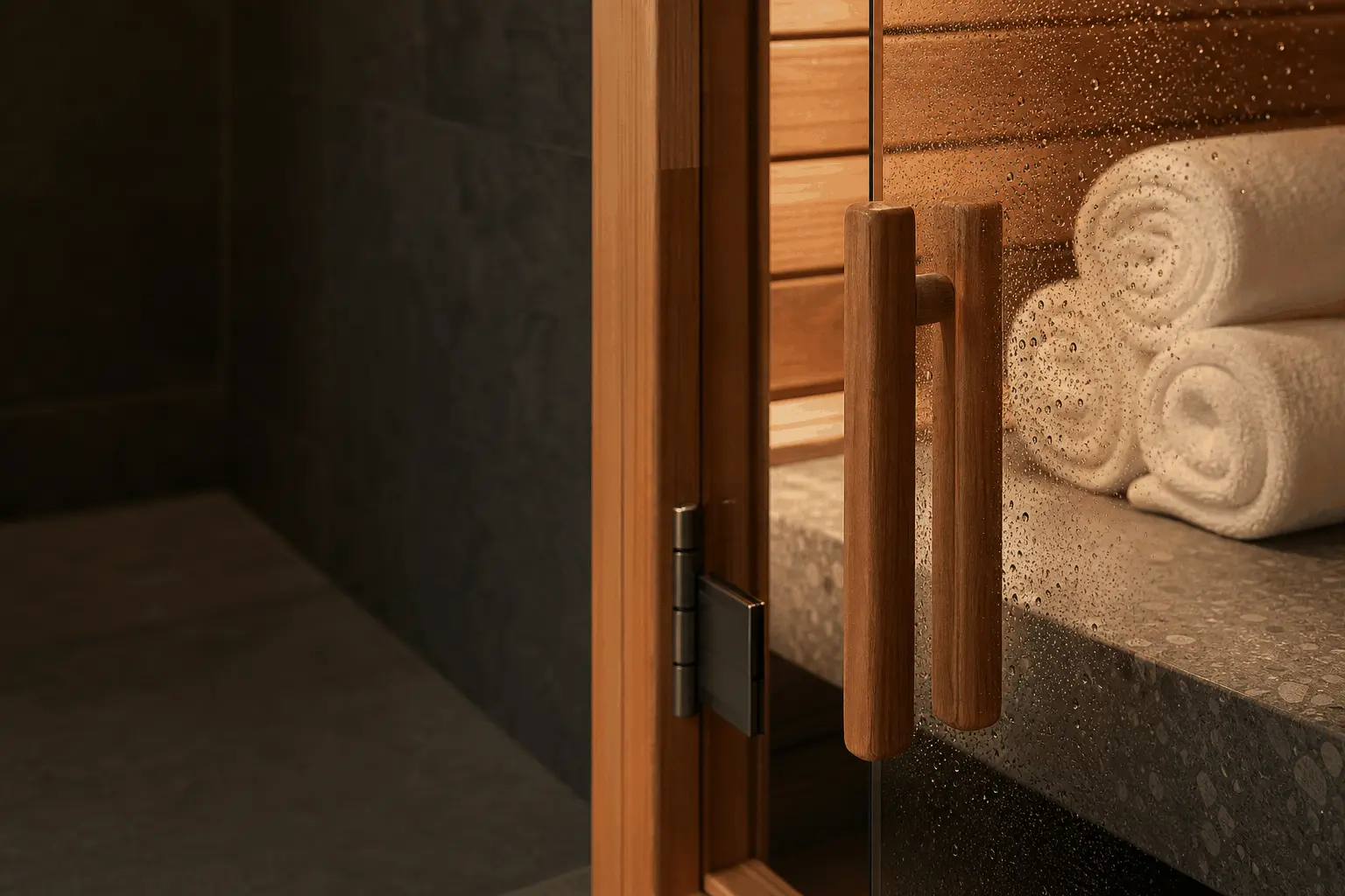 Glass sauna door with a wooden handle opening onto rolled white towels on a stone bench