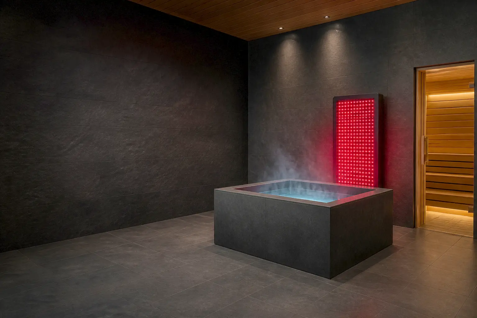 Open recovery studio floor with a glowing sauna, steaming cold plunge, red light panel and compression recliner in one frame
