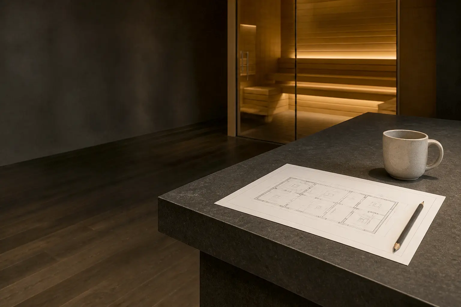 Operator's mezzanine desk with a floor plan and mug, overlooking a dim studio floor with a glowing sauna and plunge pool