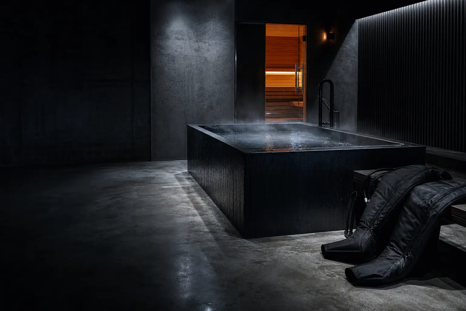 Black cold plunge tub steaming beside compression boots, a sauna glowing through the doorway