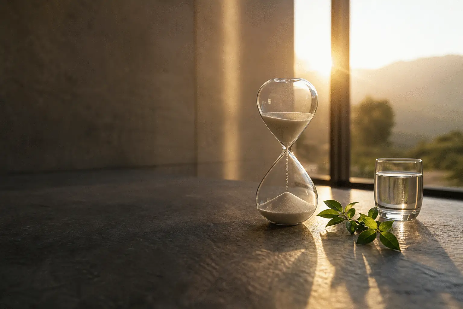 Hourglass and a glass of water on a stone table in golden morning light