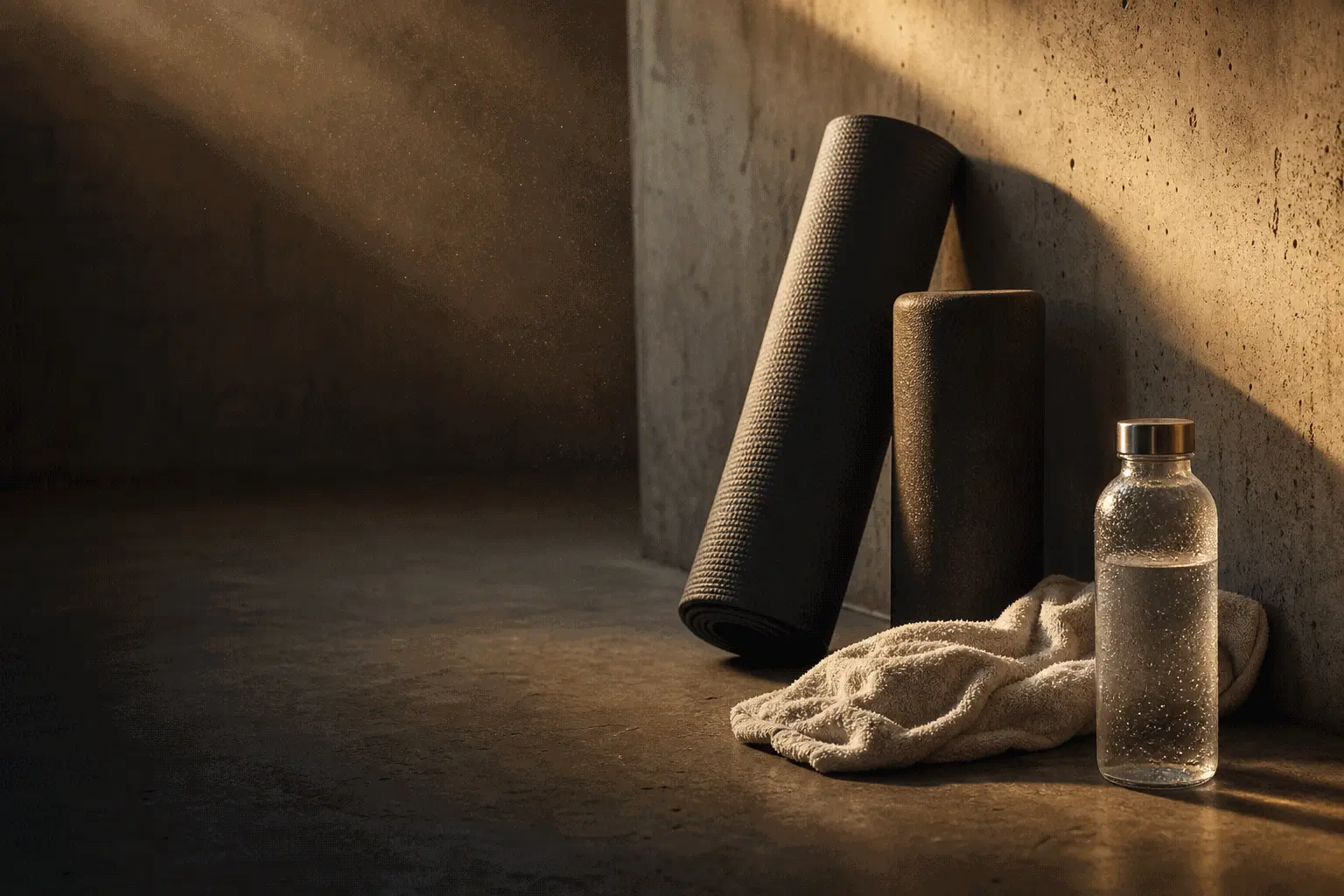 Yoga mat, foam roller, towel and water bottle against a concrete wall in warm light