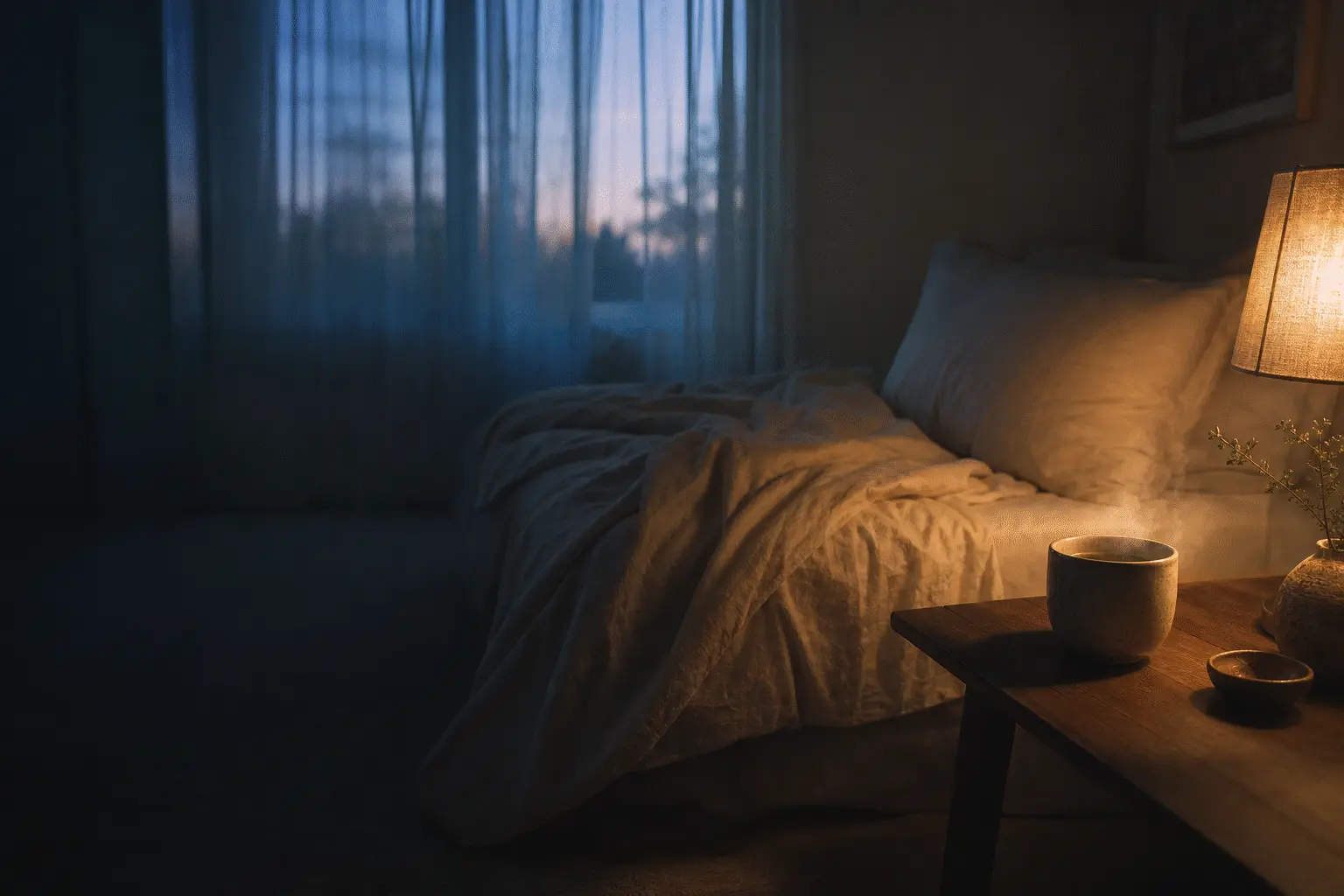 Dim bedroom at dusk with rumpled linen bedding and a steaming cup on the nightstand