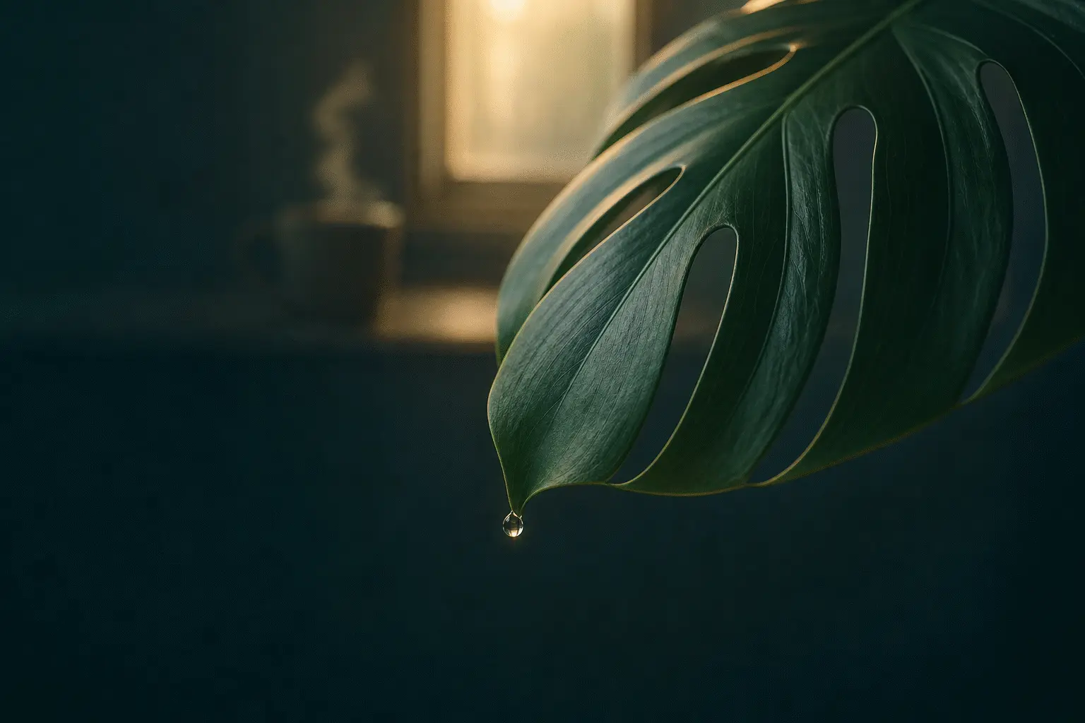 Water droplet falling from a monstera leaf in a quiet, dim room