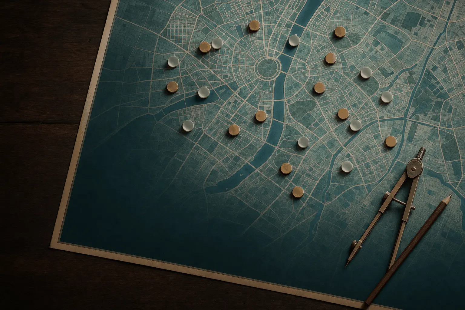 City map spread across a desk, dotted with brass and white pins around a drafting compass
