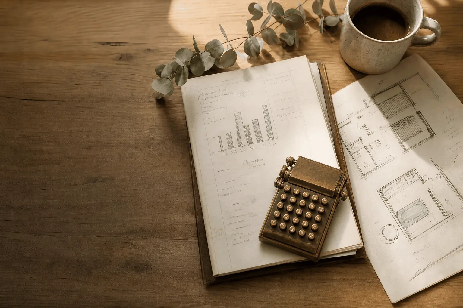 Vintage brass calculator on a notebook of hand-sketched revenue charts and studio floor plans