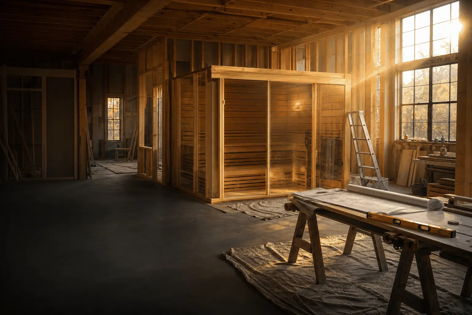 Sauna cabin mid-build inside a timber-framed space, blueprints and a level resting on a sawhorse table