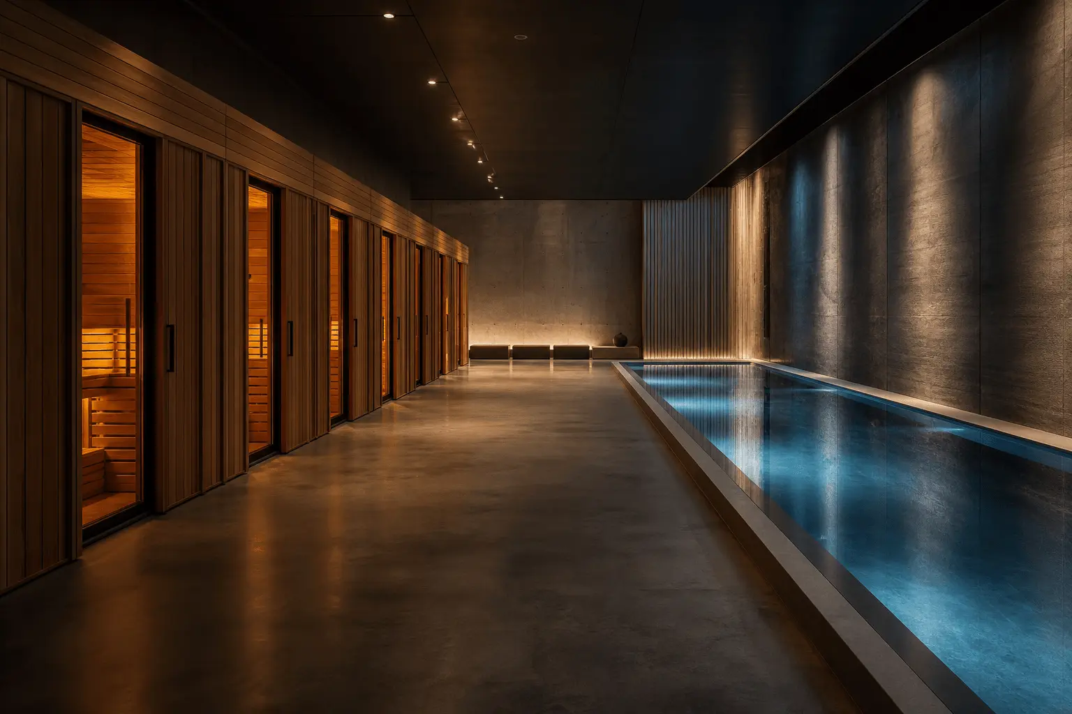 Row of glowing cedar sauna cabins facing a lap pool in a dim modern recovery studio