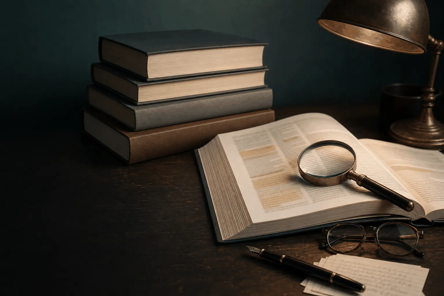 Magnifying glass on an open, highlighted reference book beside a stack of books under a desk lamp
